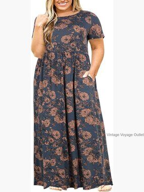 Plus Size Maxi Dress Summer Casual Loose Short Sleeve Long Beach Dress with